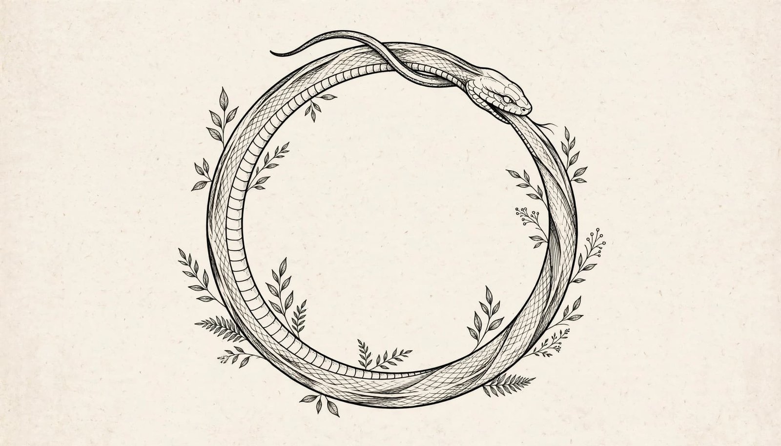 A circular snake tattoo design with small botanical leaves on warm off-white paper.