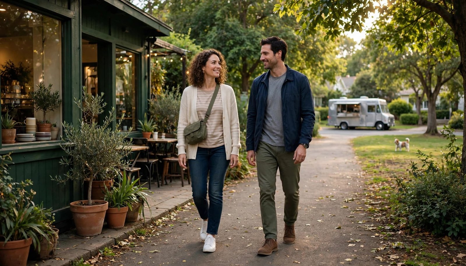 Two adults walk together on a sunny park path near a coffee shop.