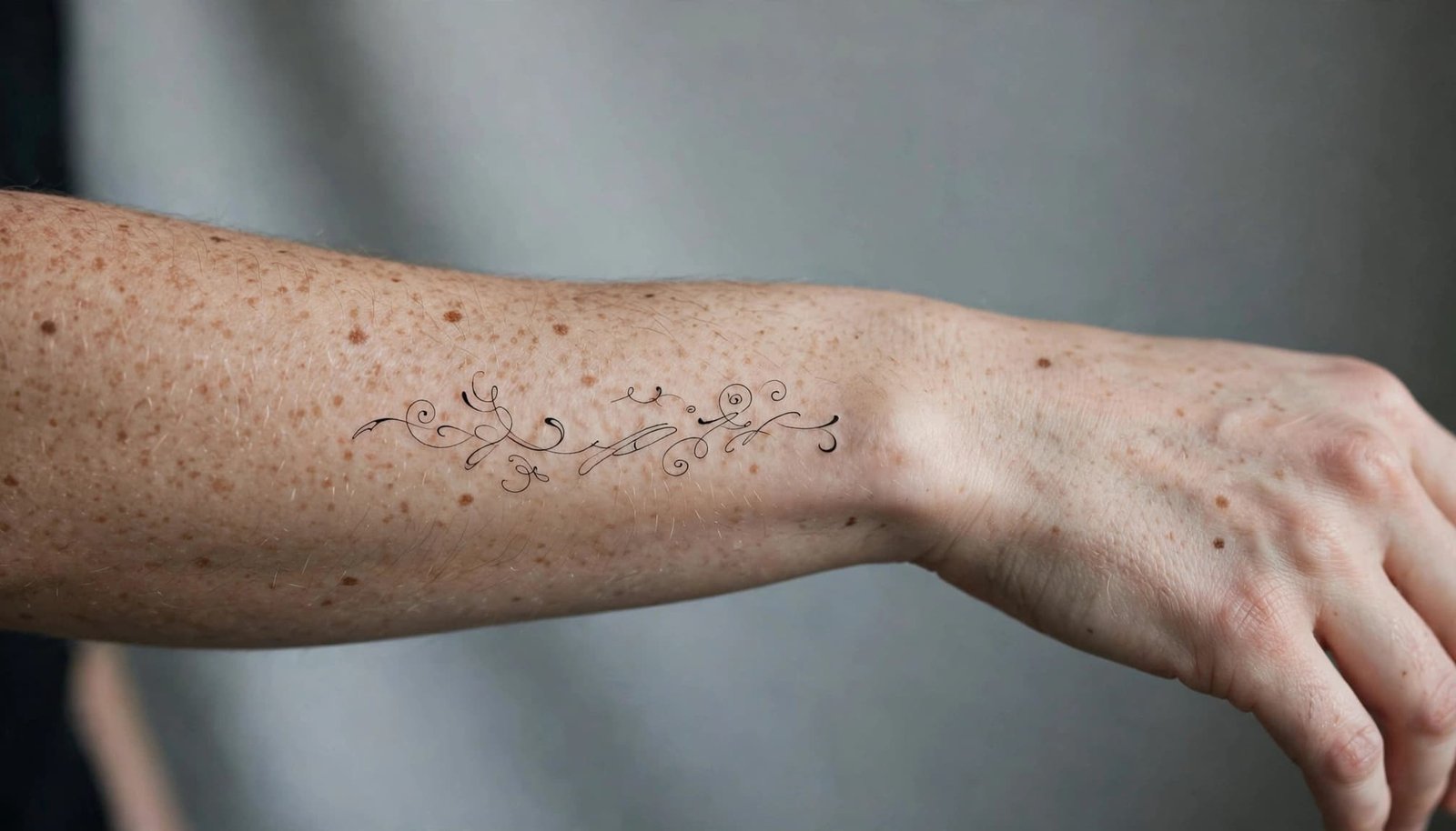 Close-up of a delicate script tattoo on a relaxed outer forearm.