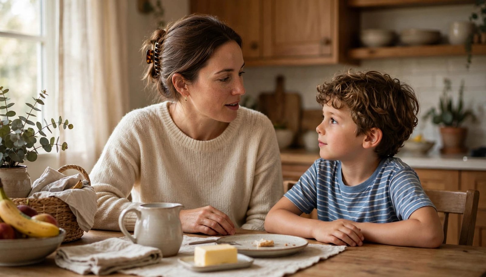 A parent calmly speaking with a young child at a kitchen table.