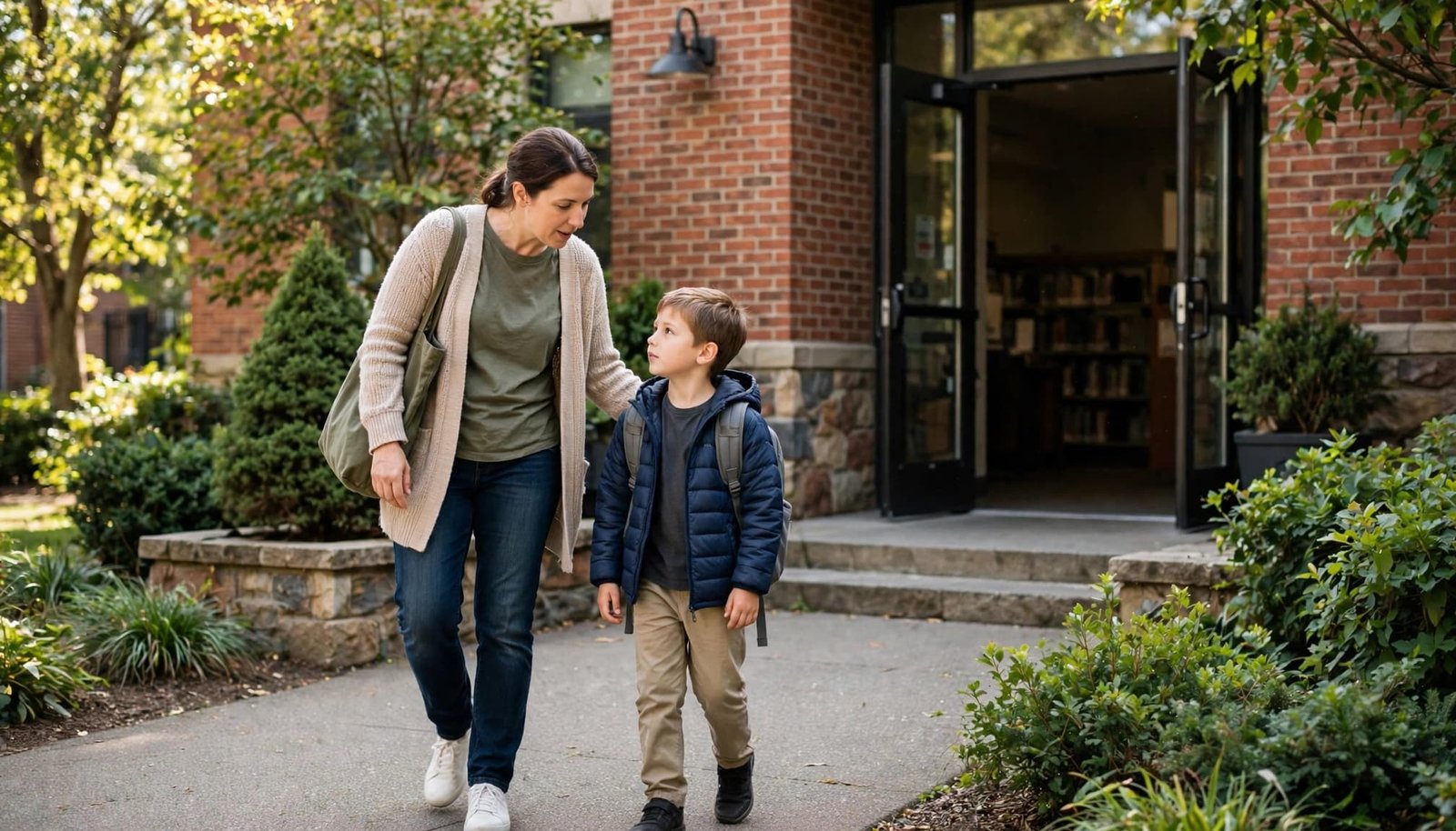 A parent speaks gently to a child outside a library.
