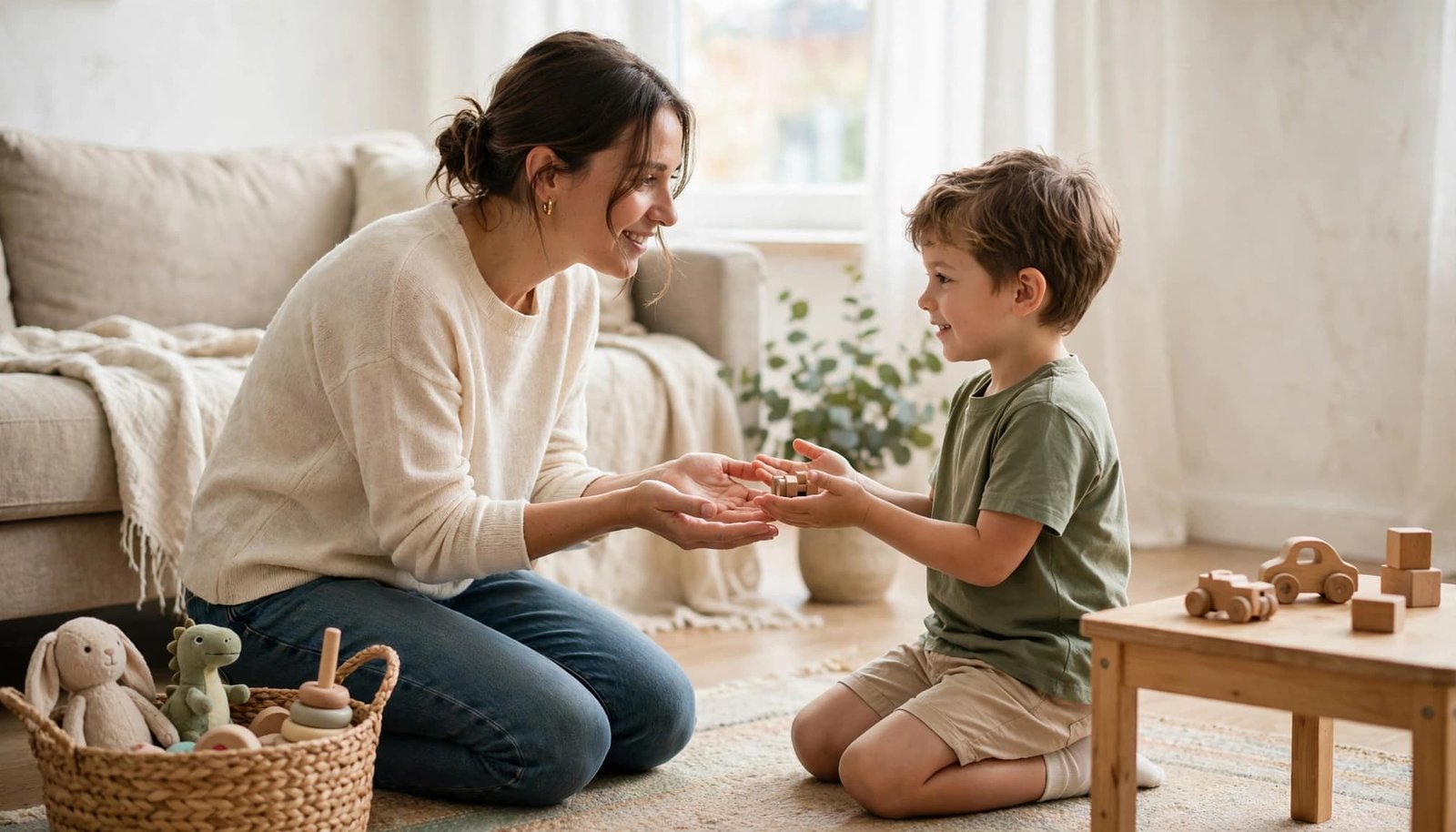 A parent and child practice polite greetings in a bright living room.
