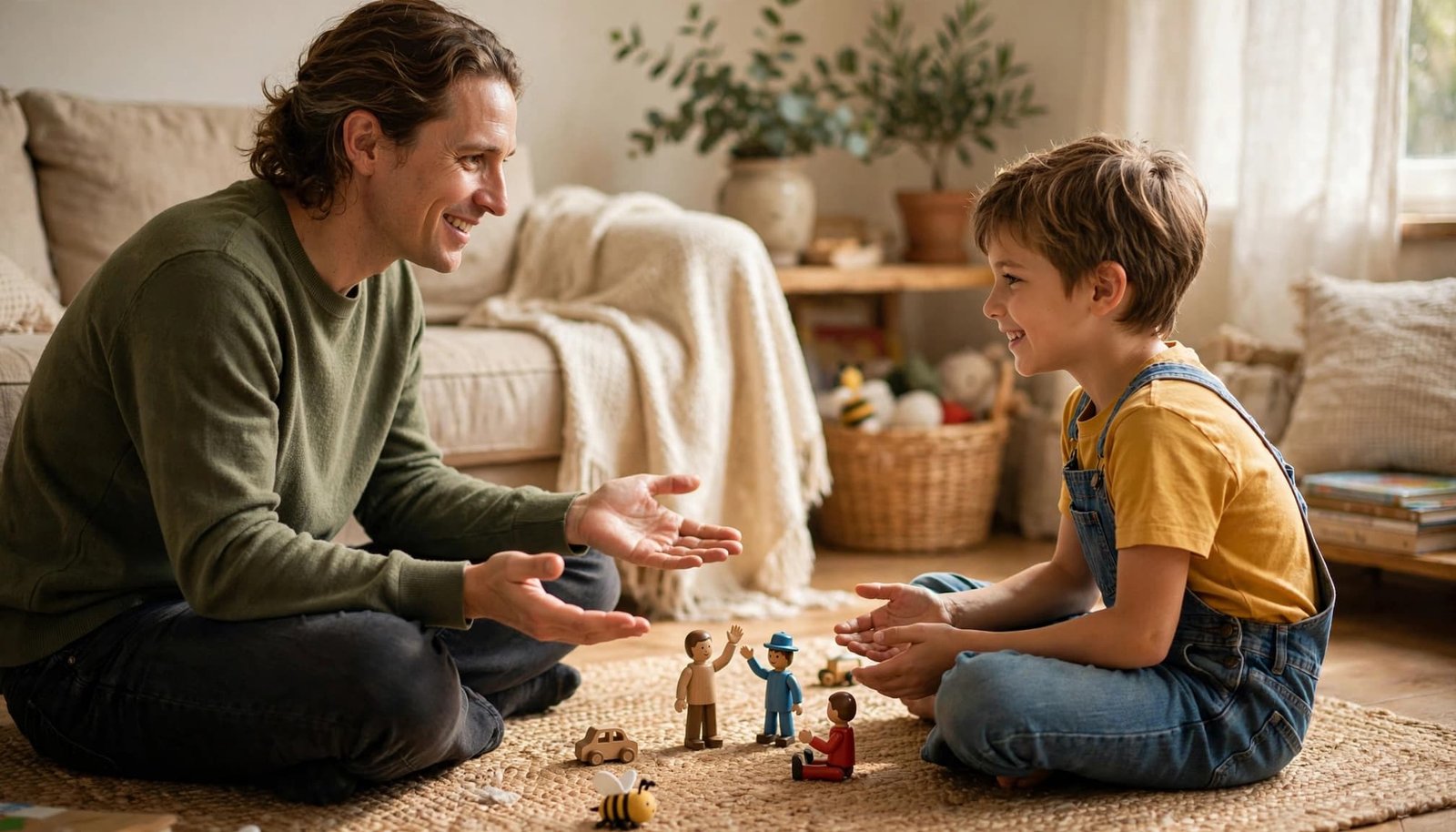Parent and child practice greetings with toy figures on a living room floor.