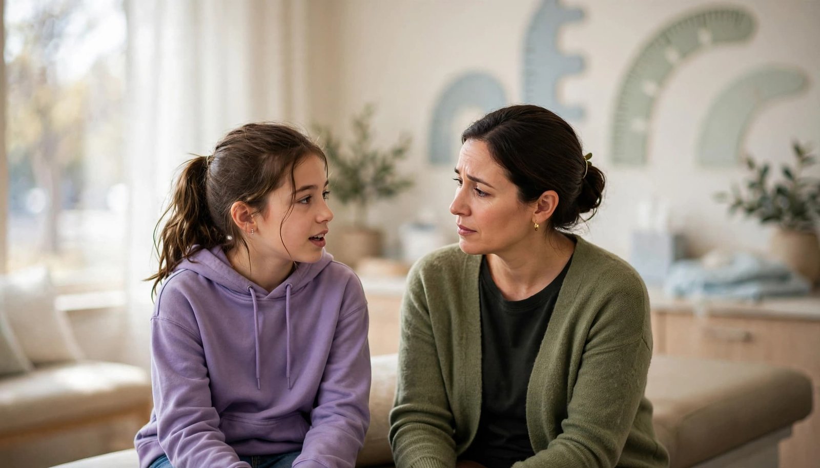 A parent and preteen girl sit together in a bright pediatric clinic room.