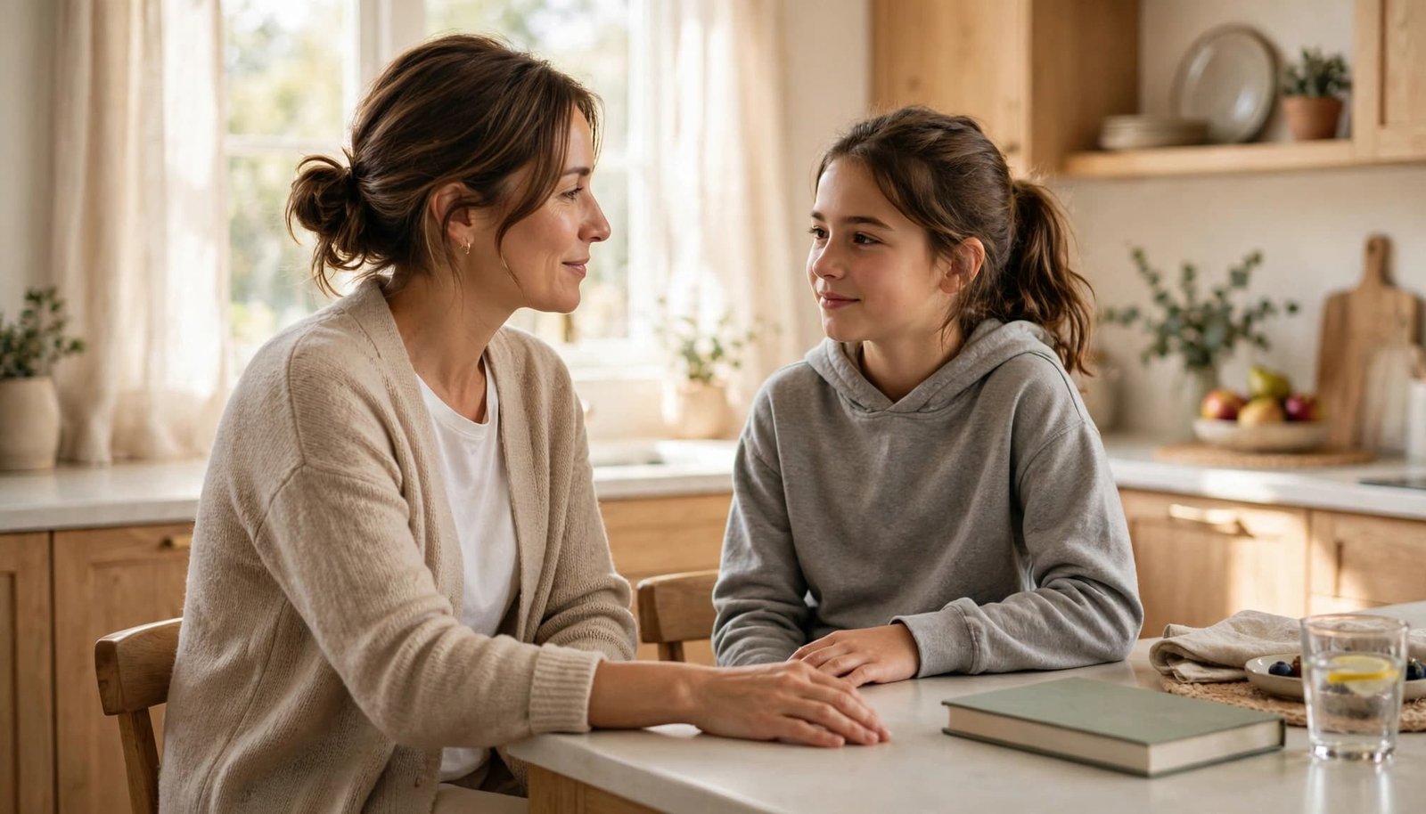 A parent and preteen girl talk calmly beside a closed book in a sunny kitchen.