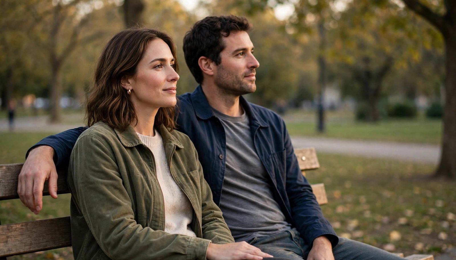Two adults sit comfortably on a park bench as one rests an arm along the back.