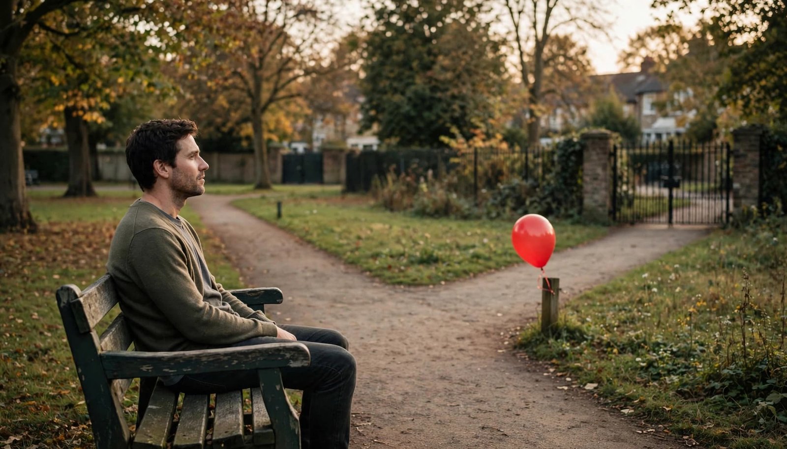 Person on a park bench looks toward a balloon and closed gate.