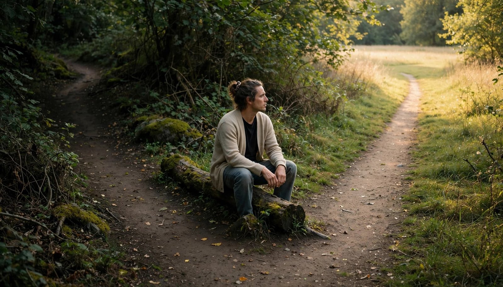 A person sits beside a forked park trail, with one sunny path and one shaded path.