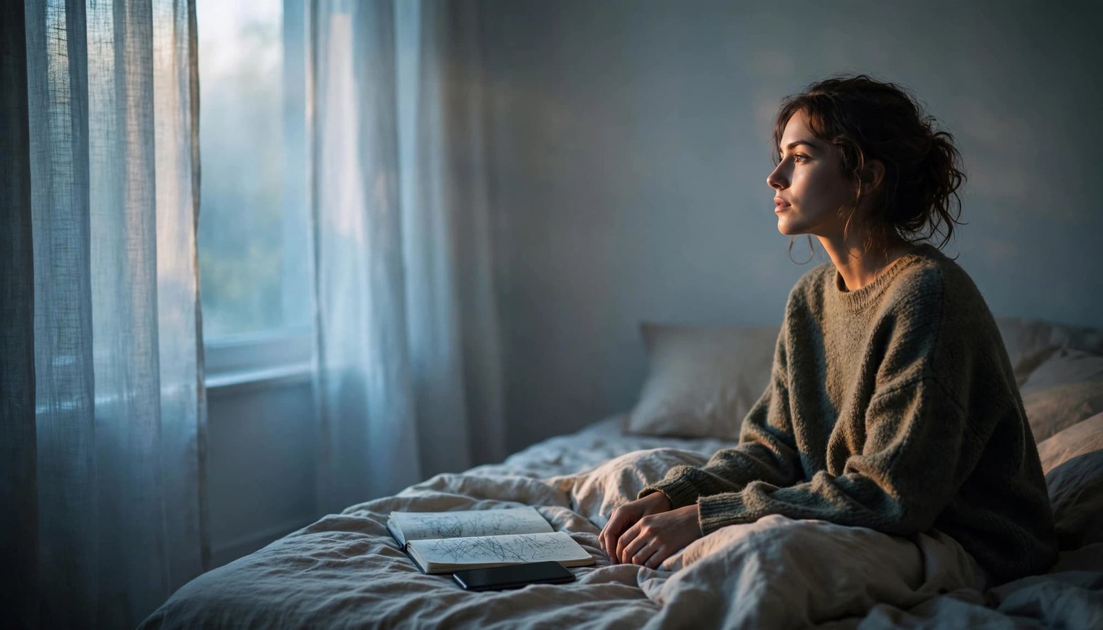 A person pauses beside a phone and open notebook in a softly lit bedroom.