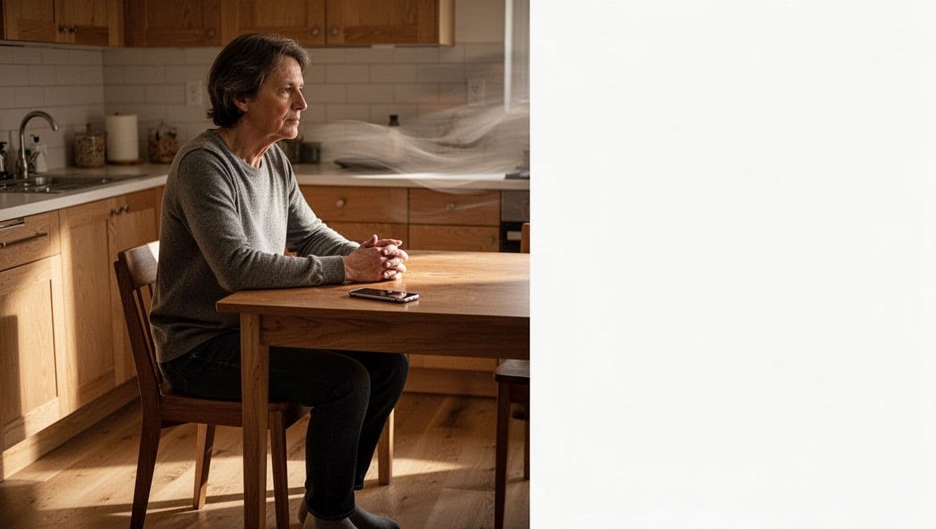 An adult pauses at a kitchen table beside a face-down phone.