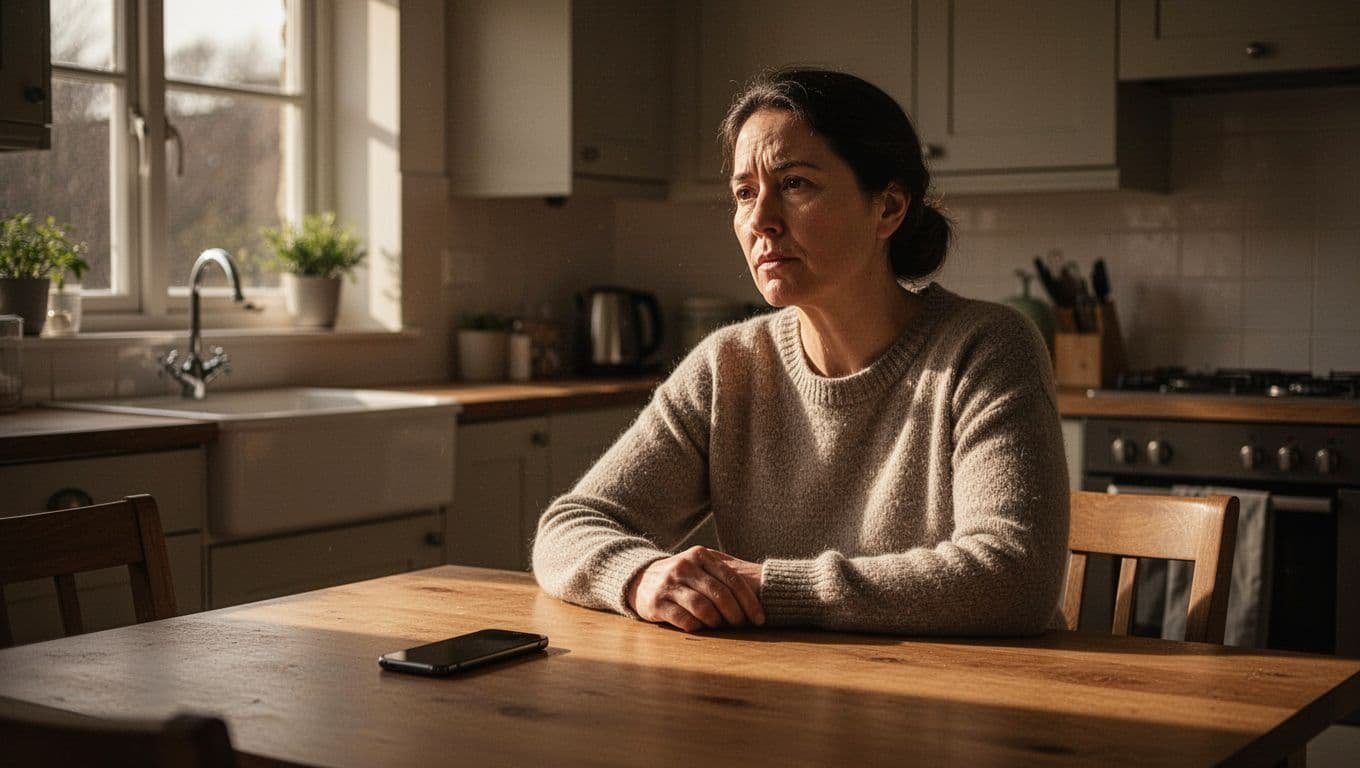 An adult pauses at a kitchen table beside a face-down smartphone.