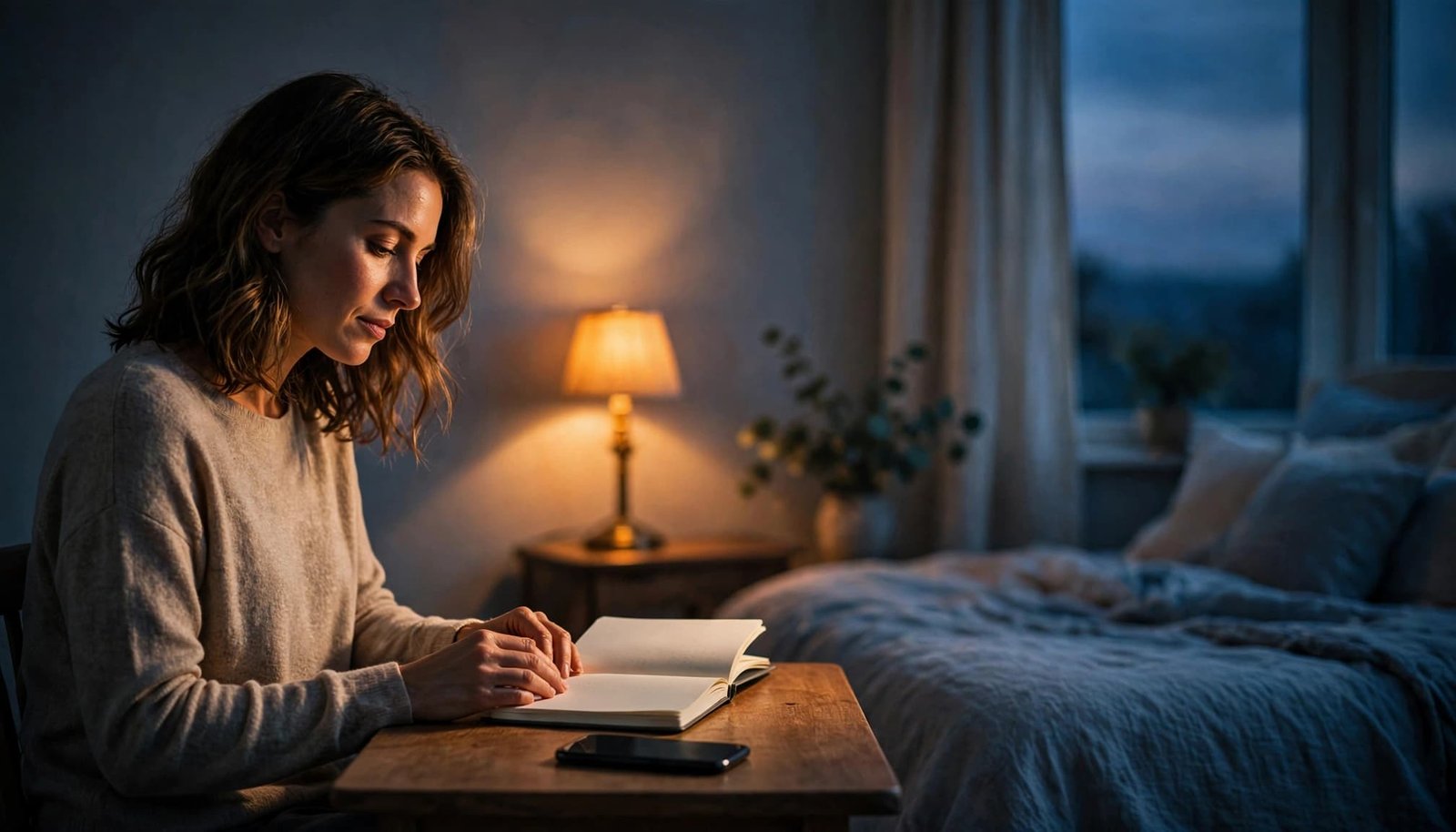 An adult reflects beside an open notebook and face-down phone in a softly lit bedroom.