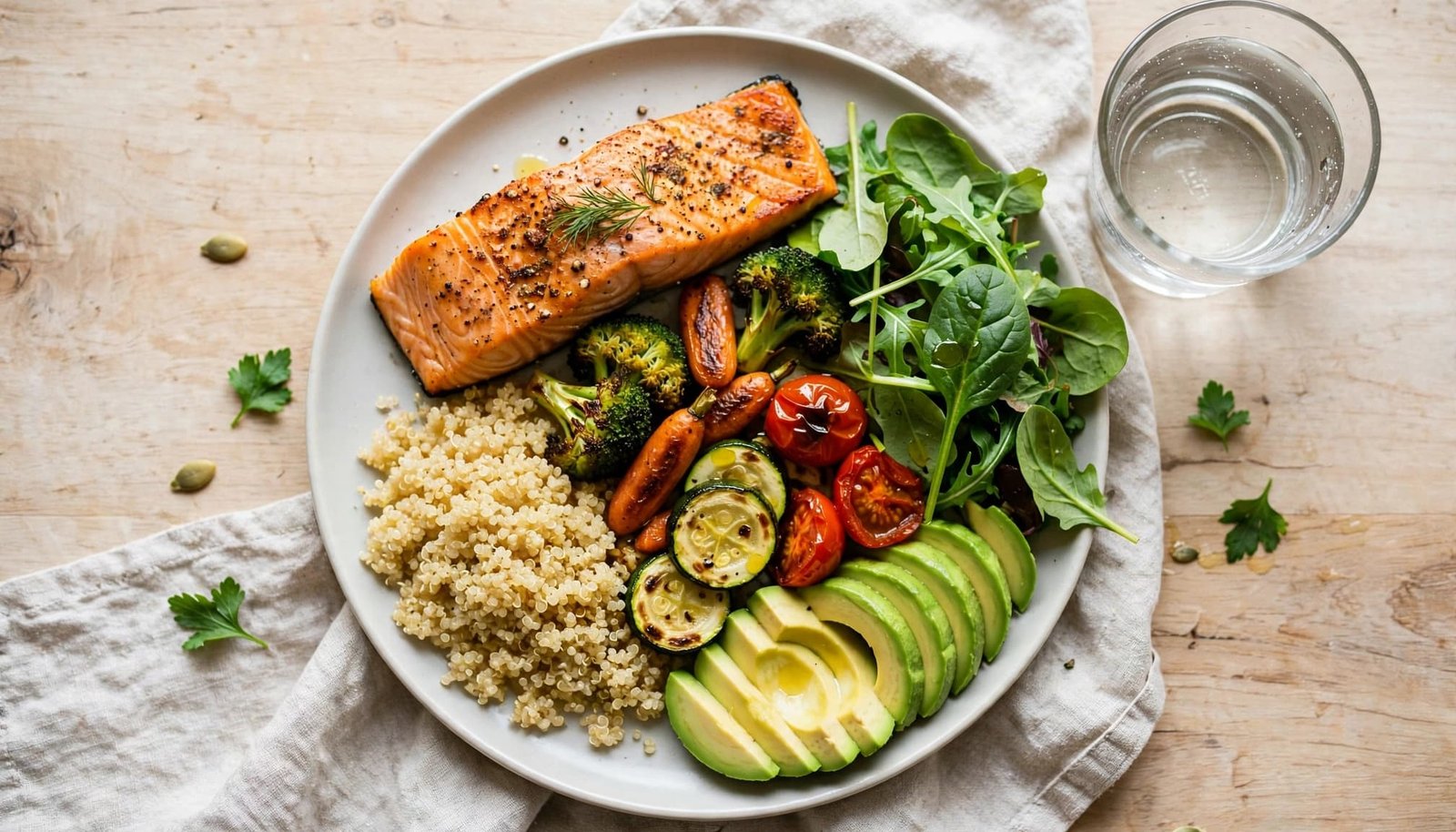 A colorful plate with salmon, quinoa, vegetables, salad, and avocado beside a glass of water.