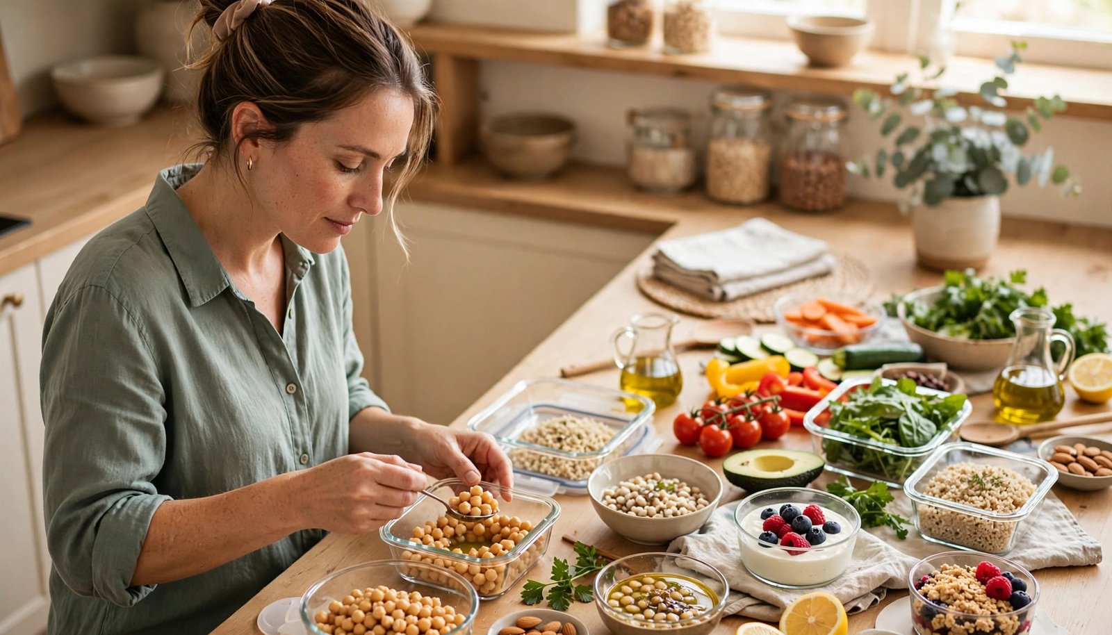 Woman preparing a balanced meal with vegetables, grains, beans, yogurt, and dessert in a sunny kitchen.
