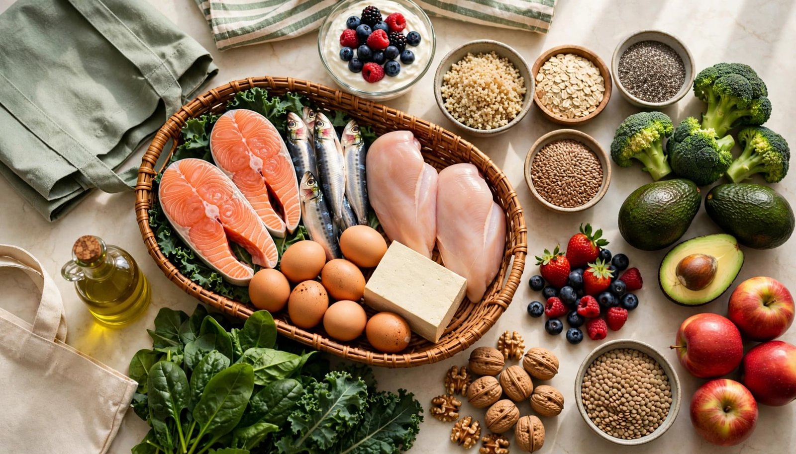 Colorful PCOS-friendly foods arranged on a bright kitchen counter.