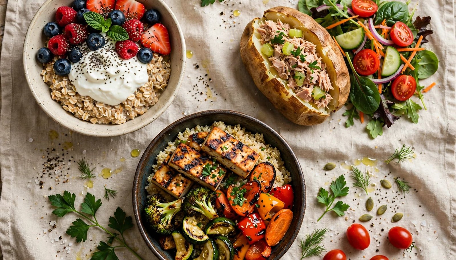 Three balanced dishes with oats, tuna and potato, and tofu with quinoa and vegetables.