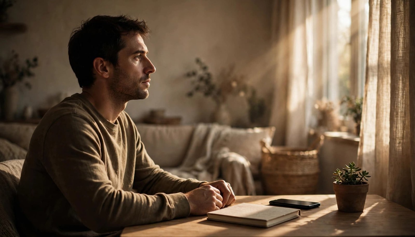 Person pauses beside a notebook and phone in a softly lit living room.