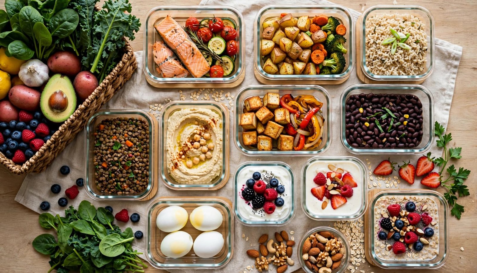 Colorful meal-prep containers with salmon, tofu, vegetables, grains, berries, and hummus on a kitchen counter.