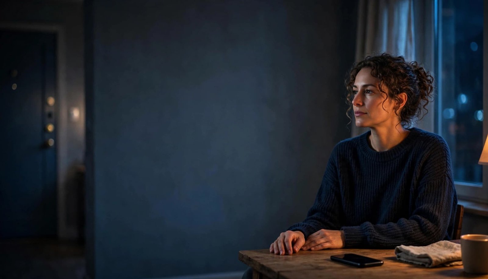 An adult sits beside a window with a phone facedown on a table and a locked door behind them.