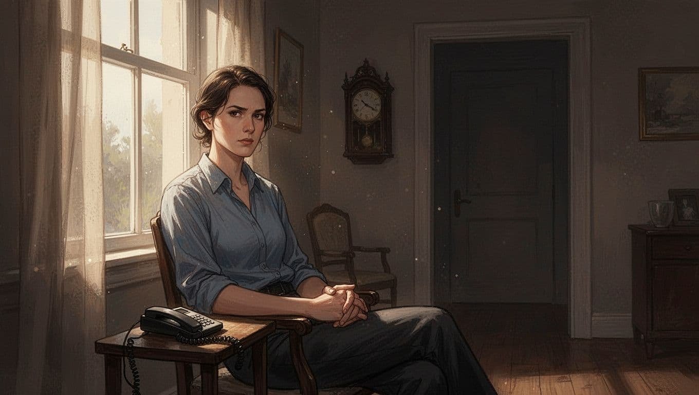 An adult sits by a bright window with a phone on a nearby table.
