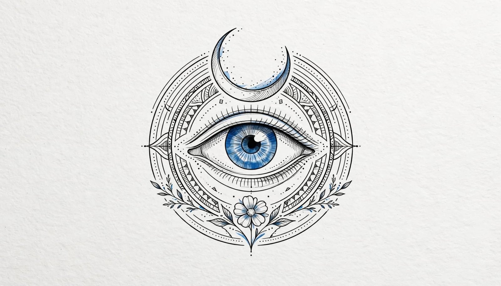 Centered blue evil eye design with a small flower and crescent on white paper.
