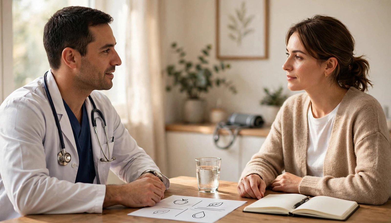 A woman discusses a nutrition plan with a healthcare professional at a clinic table.