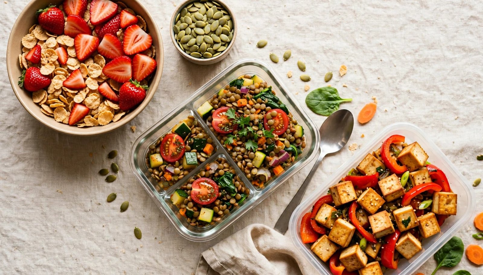 Four plant-based iron-rich meals arranged diagonally on a bright kitchen table.