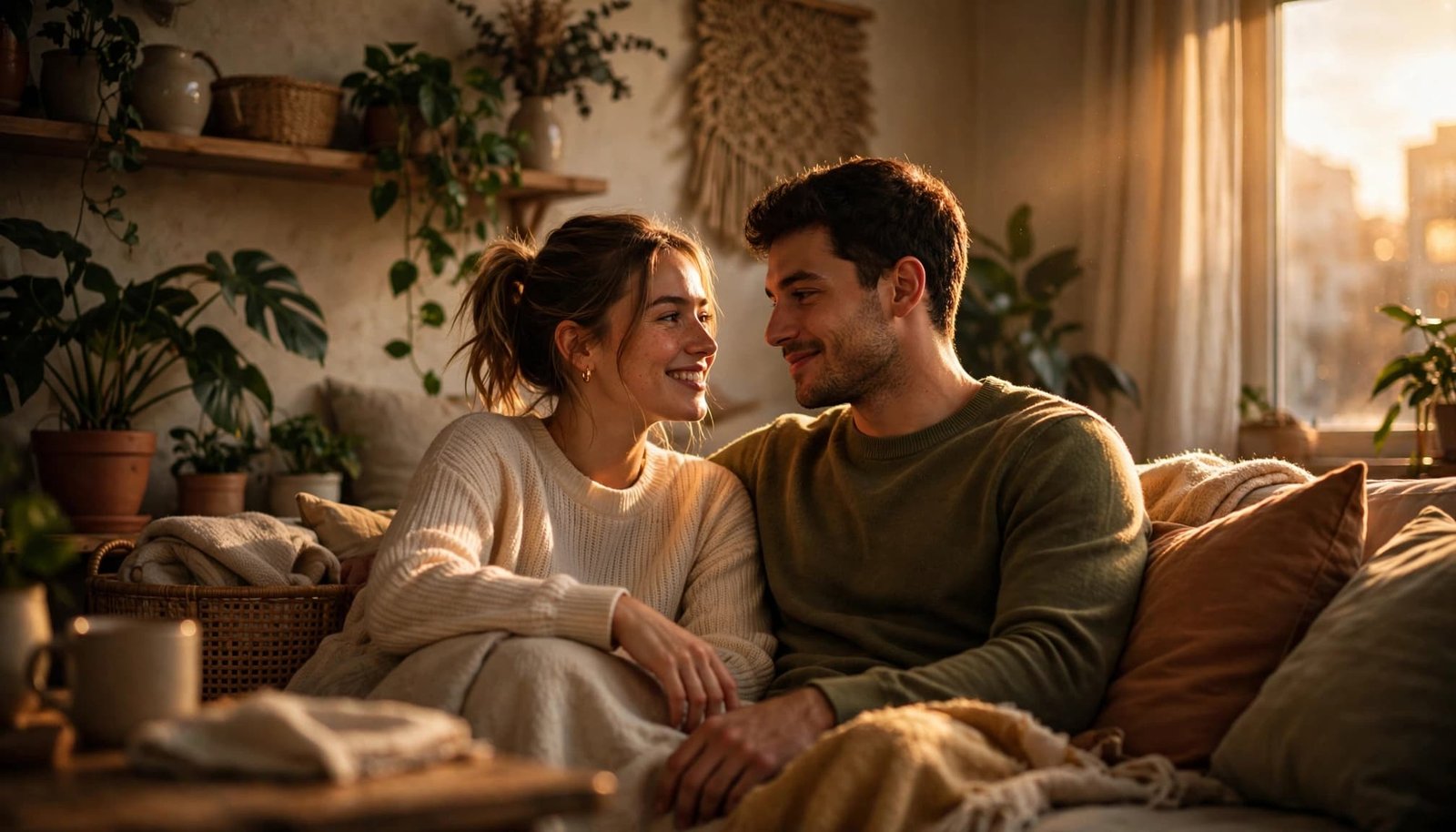 A smiling couple sharing a playful moment on a sofa in a warmly lit living room.