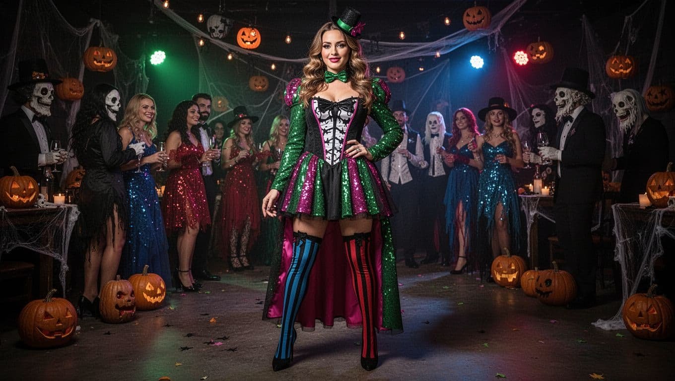 Woman in a colorful gothic Halloween costume under dramatic party lights.