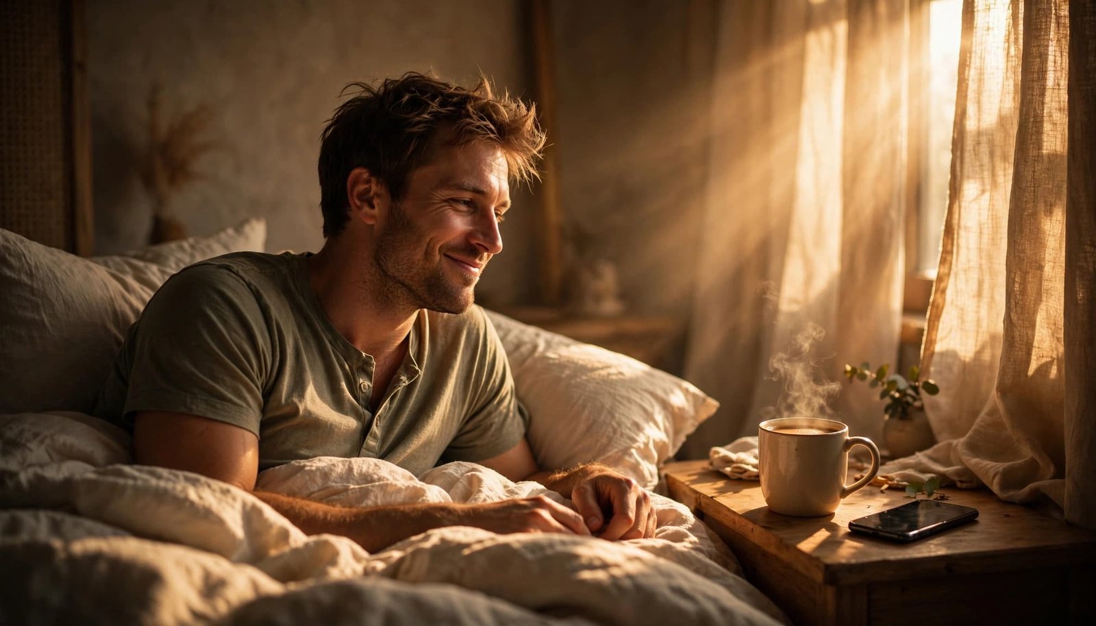 An amused man wakes in bed beside coffee and a phone in warm morning light.