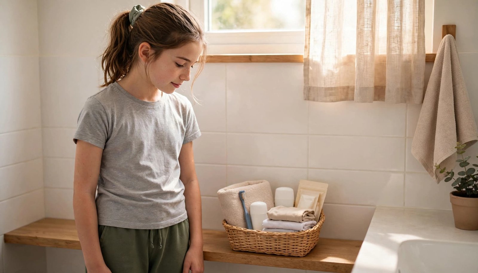 A girl organizes hygiene supplies on a low bathroom shelf.