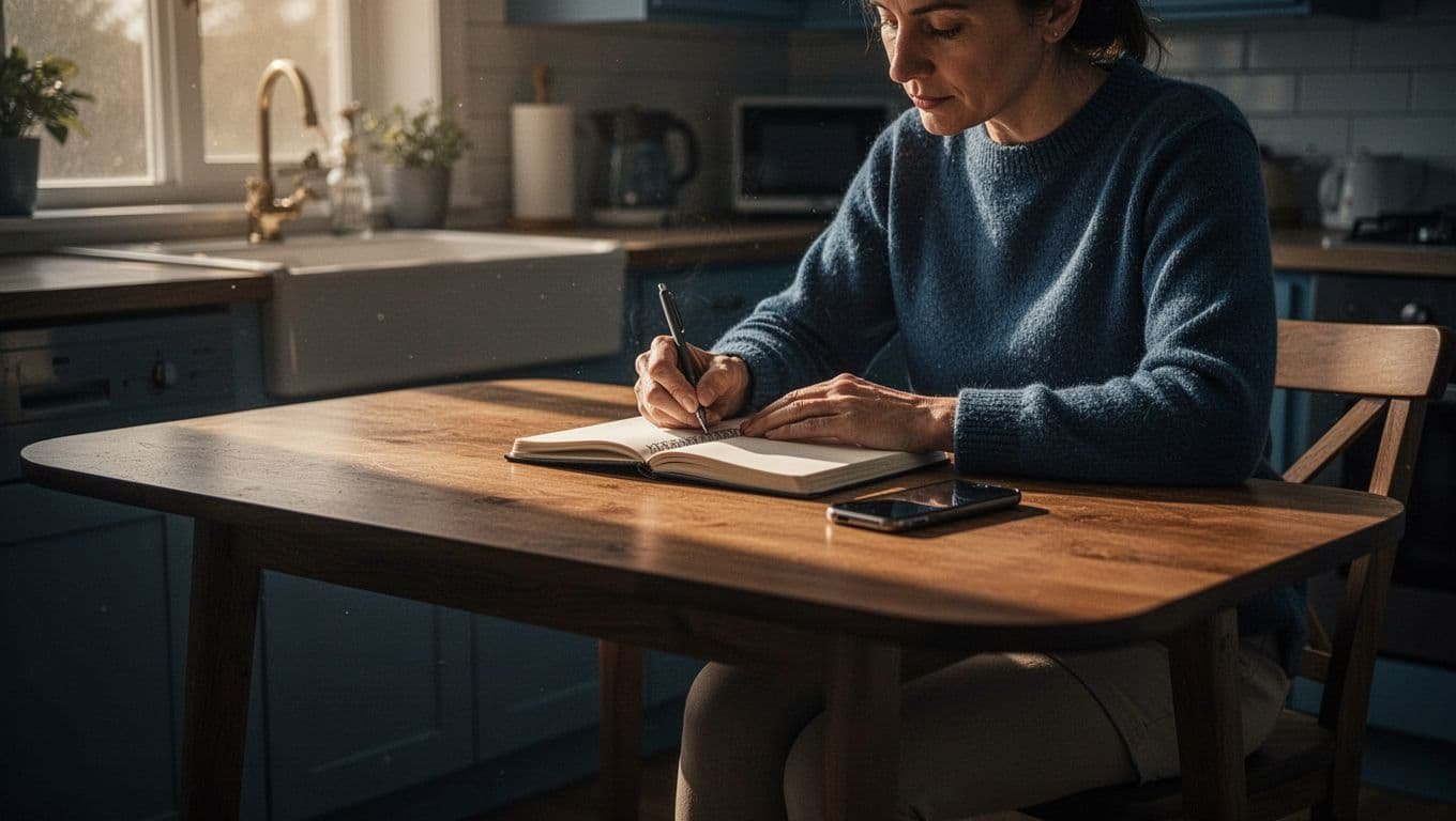 An adult writes in a journal at a kitchen table with a phone nearby.
