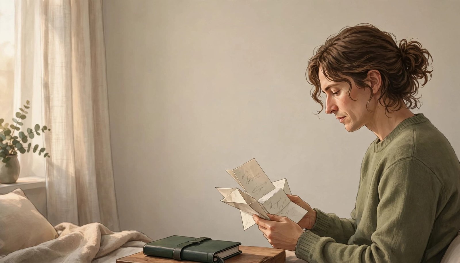 An adult reviews notes beside a closed journal in a softly lit bedroom corner.