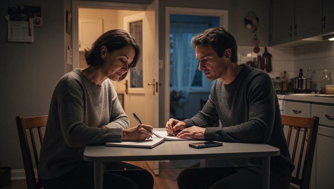 An adult writes in a notebook beside a phone at a kitchen table.