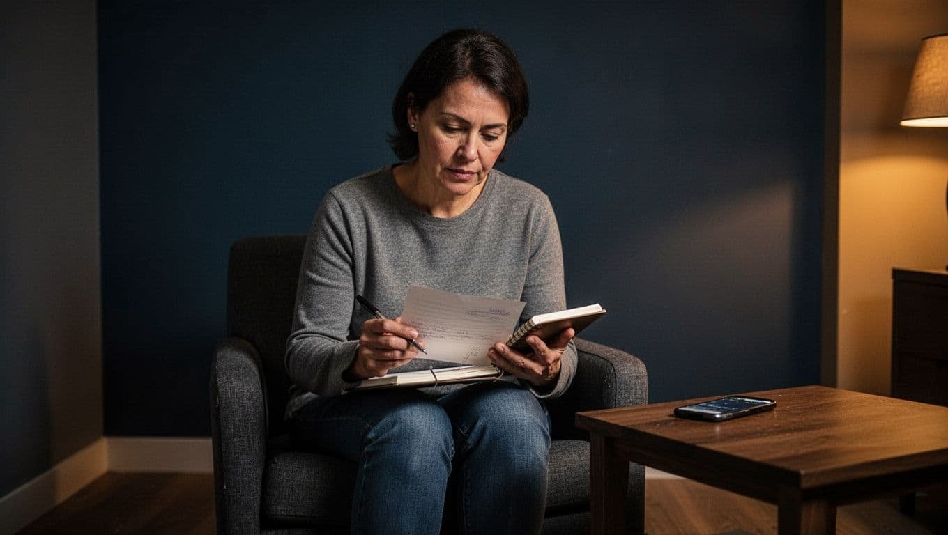 An adult reviews a notebook beside a phone in a dim, quiet room.