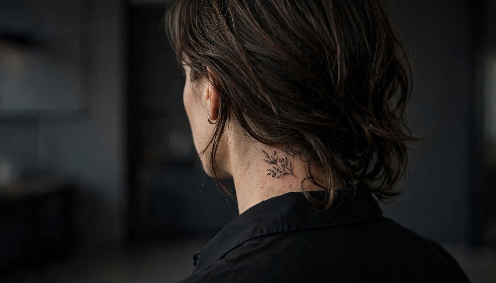 Adult with a small nape tattoo partly covered by hair and a shirt collar.