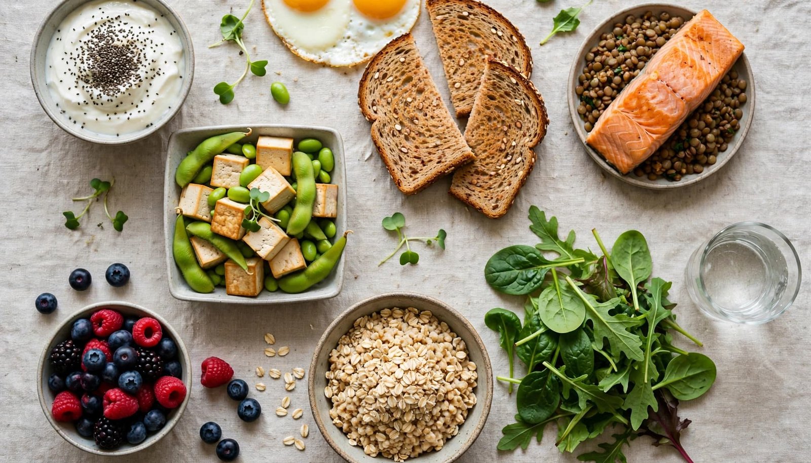 Colorful protein and fiber-rich foods arranged on a linen-covered kitchen table.