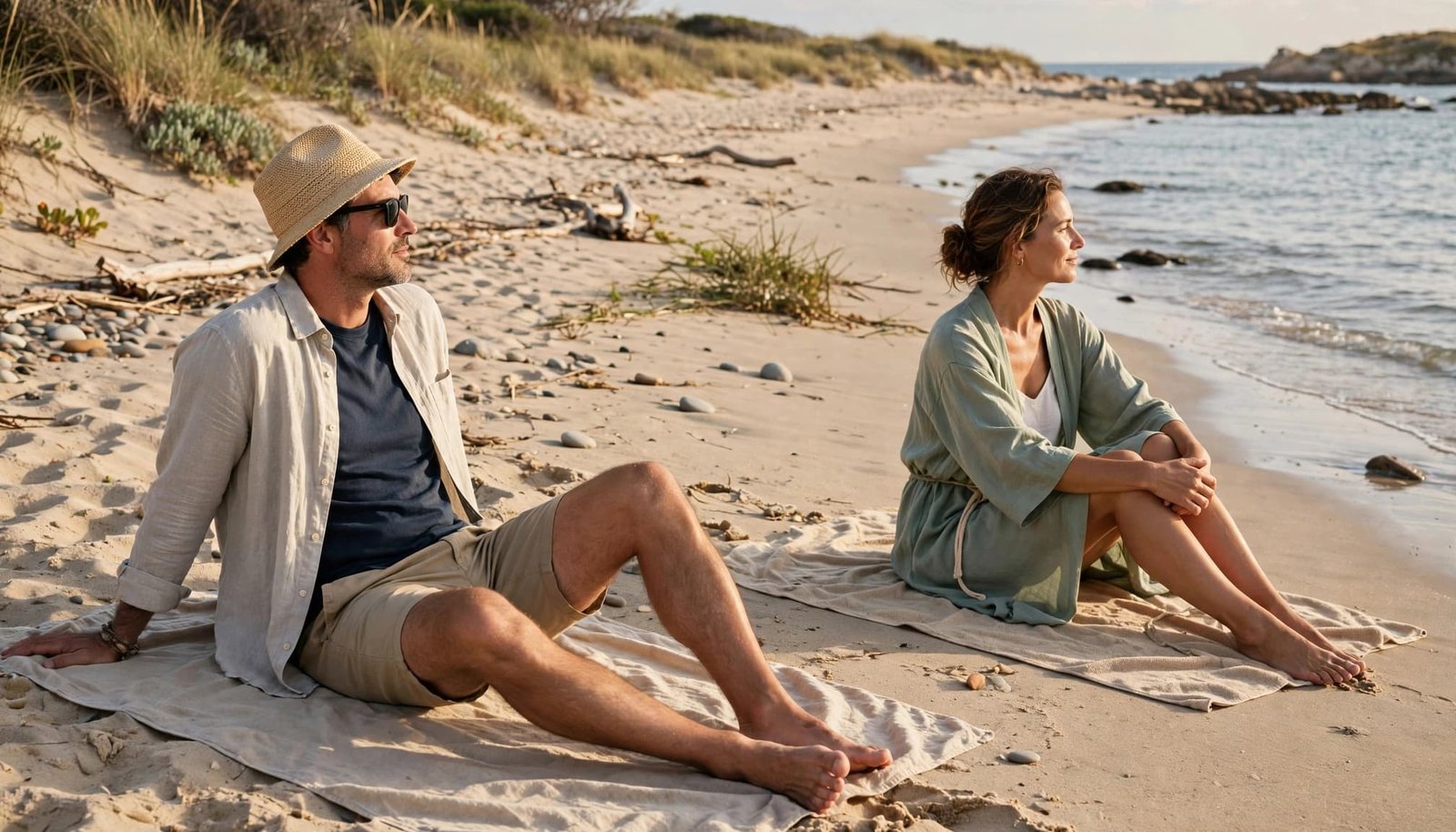 Two adults sit apart on towels near a quiet shoreline, wearing simple cover-ups.