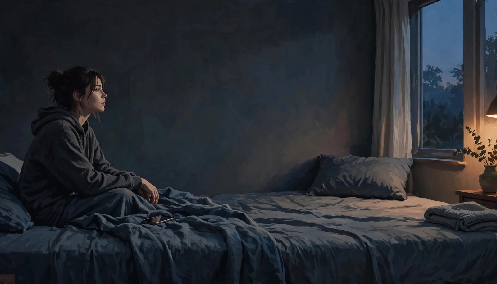 A person sits alone in a bedroom beside a phone at dusk.