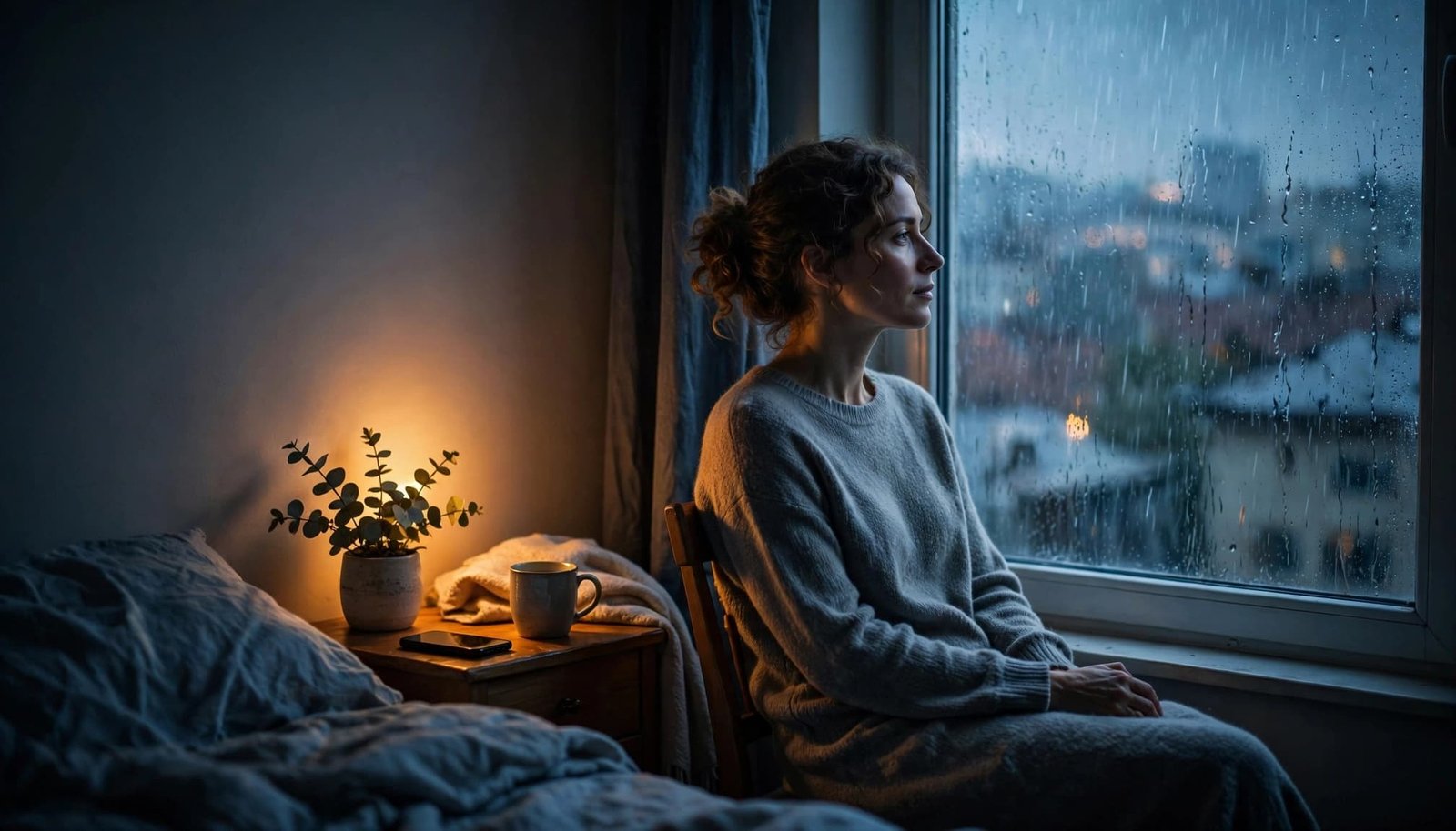 A person sits quietly by a rainy window with a phone face down nearby.