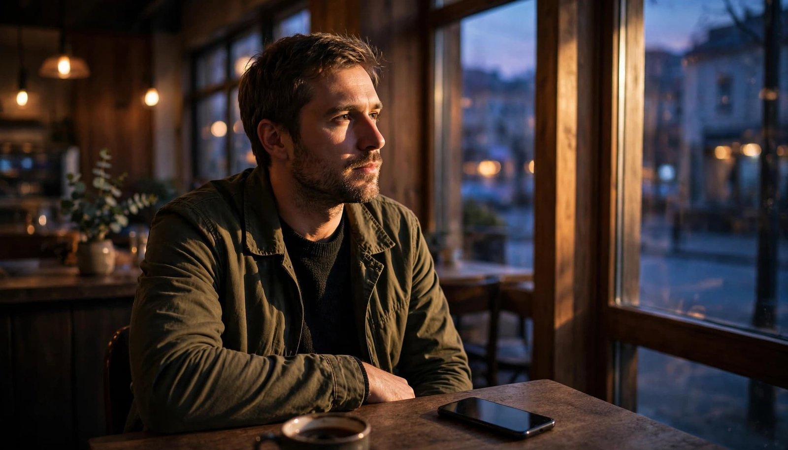 A thoughtful man sits alone at a cafe with his phone face down.