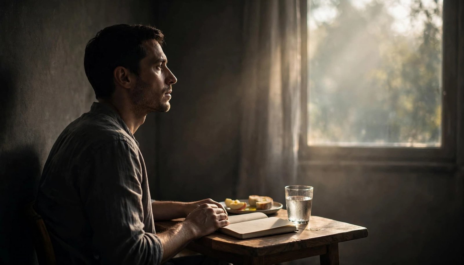 An adult pauses beside a window with a journal, water, and a simple meal.