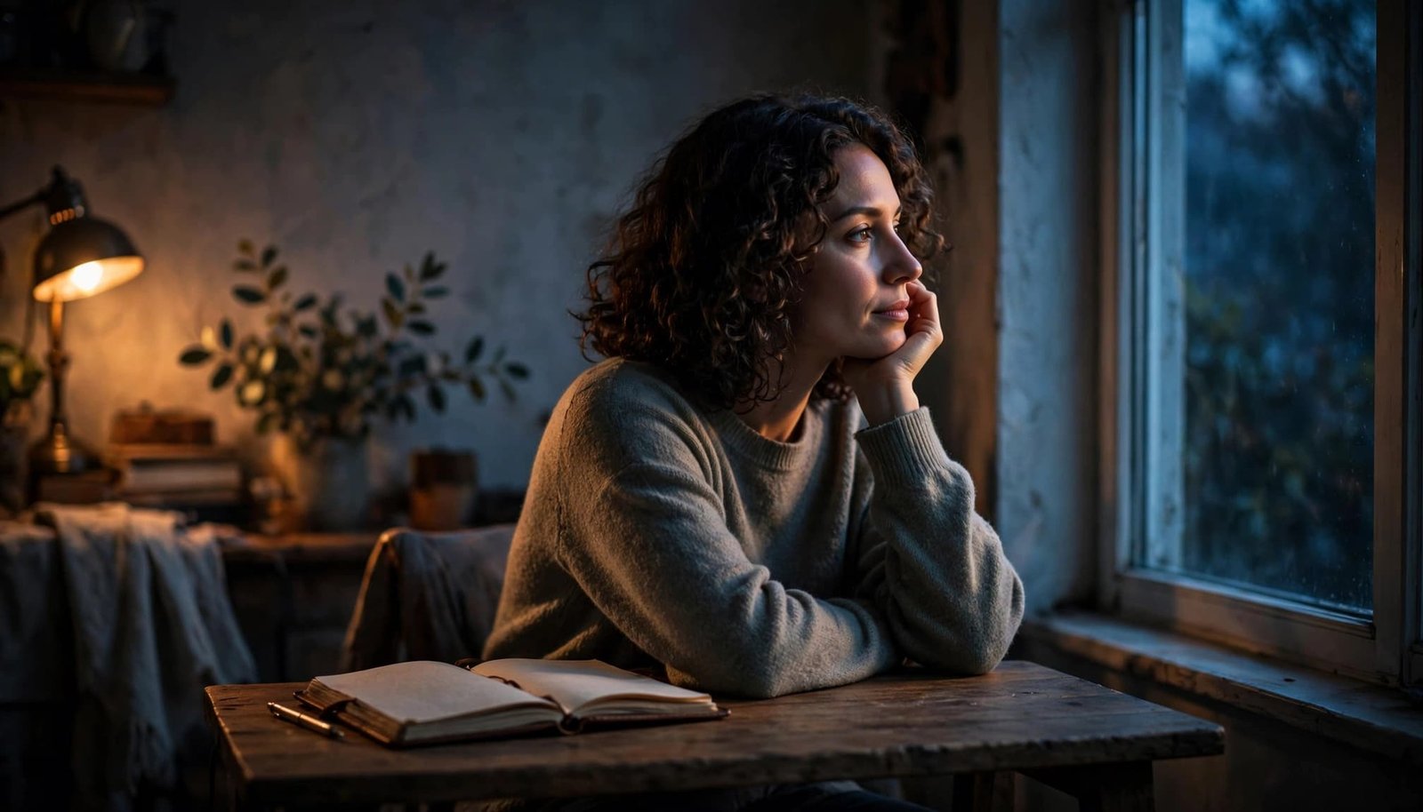 A person sits alone by a window with a journal and pen.