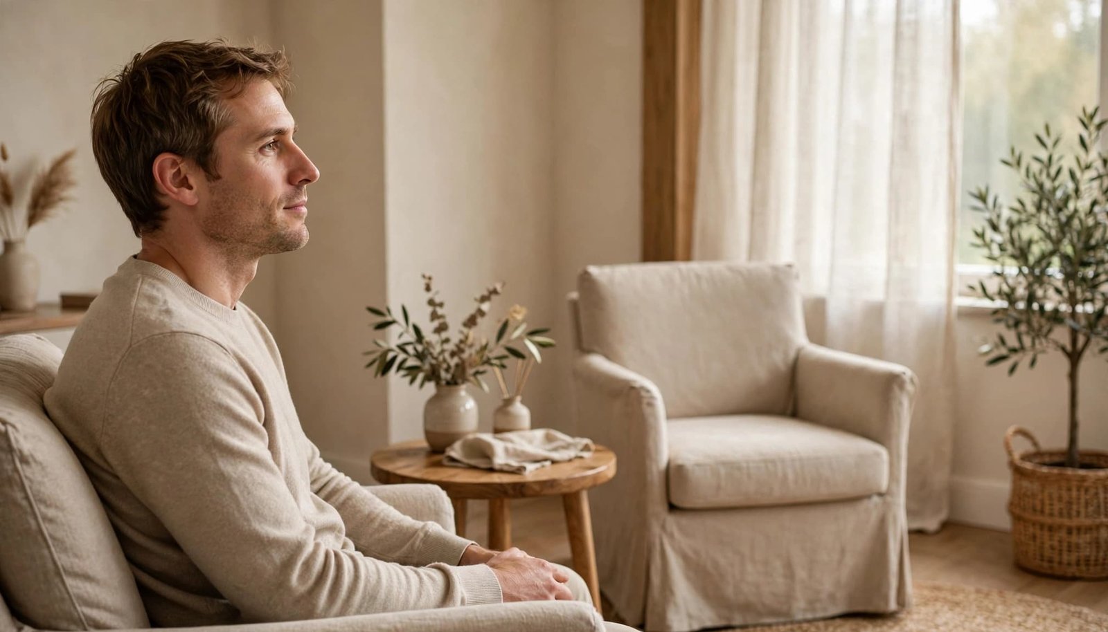 An adult sits thoughtfully in a warm counseling room with two chairs and a small table.