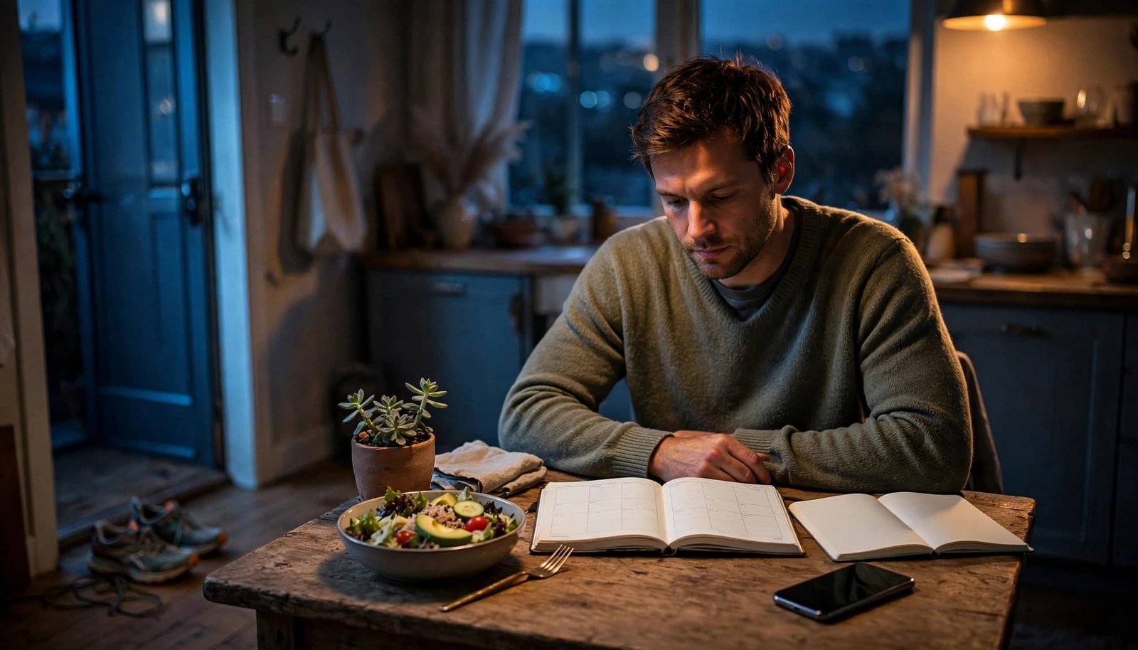 An adult plans the week at a kitchen table with a meal and running shoes nearby.