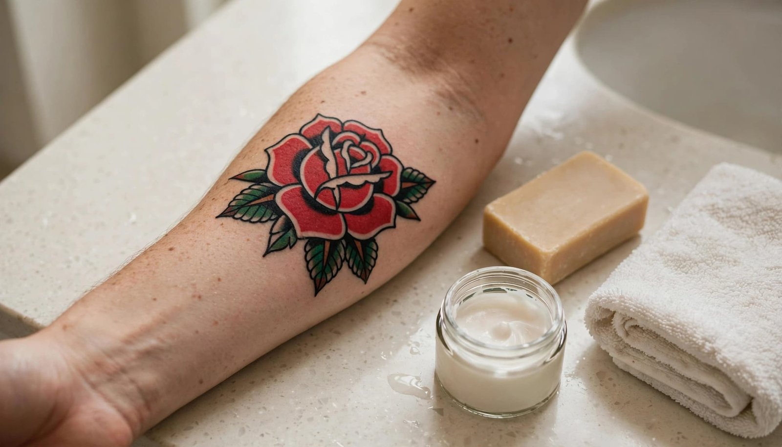 A red rose tattooed forearm rests beside soap, moisturizer, and a folded towel.