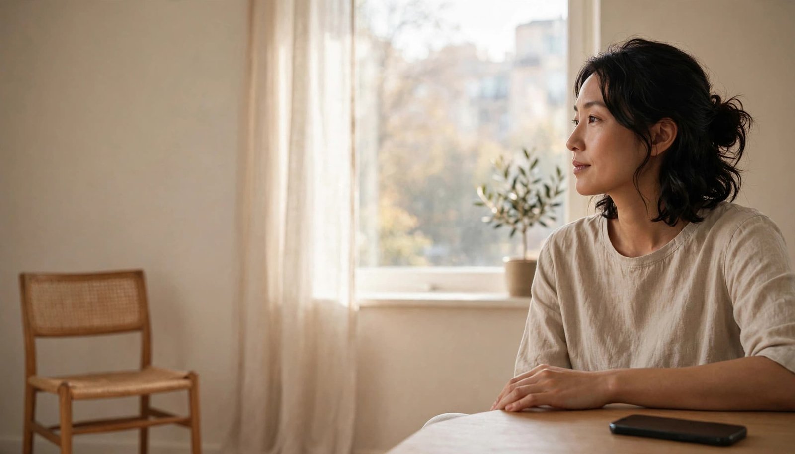 A thoughtful person sits by a sunny window with a phone on a table and an empty chair nearby.