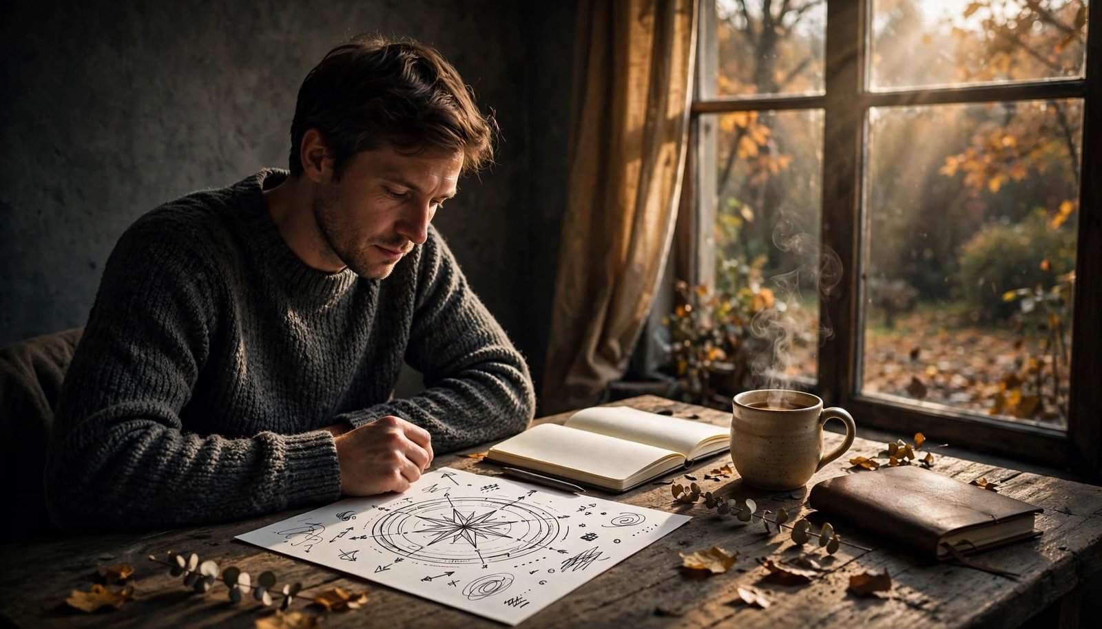 An adult reviews a handwritten page beside a journal and tea at a desk.