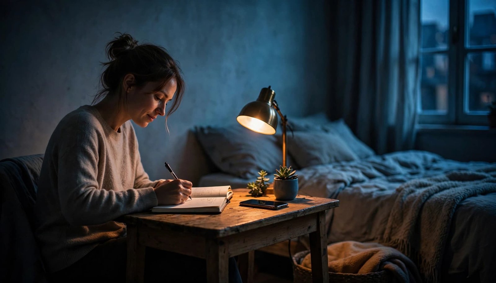 An adult writes in a journal at a small desk beside a phone.
