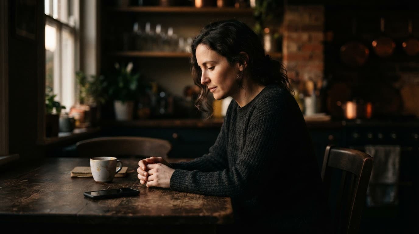 An adult sits at a kitchen table beside a face-down phone in warm window light.